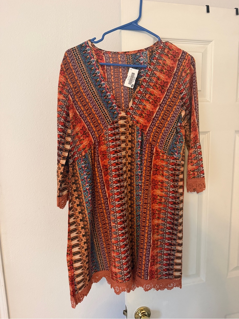 Doublju Orange Multi-Print Long Sleeve V-Neck Dress